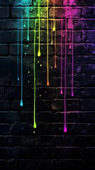 Wall Mural - A black brick wall with neon water droplets, a colorful, dynamic wallpaper