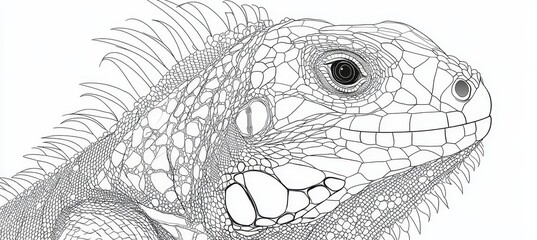 Wall Mural - Vector style black and white coloring page featuring a contour outline of a single iguana