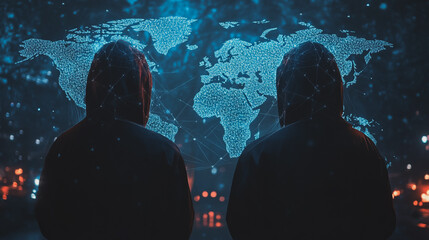 Hacker are planning to hack and attack networks and cyber security systems.team people innovation connection of line from nail node to node on map background , networking concept