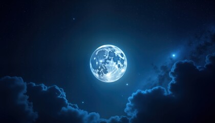 Poster - Bright blue moon glows brightly in dark night sky filled with stars. Dark clouds visible. Night sky scenery with shining stars, full moon. Lovely view of cosmic scene. Dreamy, magical celestial view.