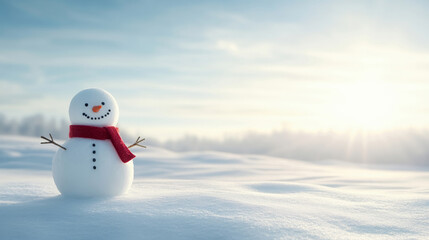Wall Mural - snowman with twig arms and a vibrant red scarf enjoying a picturesque winter wonderland bathed in th