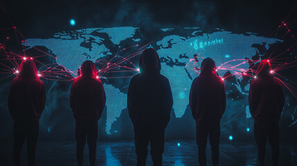 Hacker are planning to hack and attack networks and cyber security systems.team people innovation connection of line from nail node to node on map background , networking concept