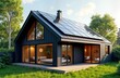 © miss irine - Modern eco-friendly house with solar panels on roof. Spacious rooms with large windows. Wooden interior design. Beautiful green garden surrounds house. Sustainable, energy-efficient home in natural