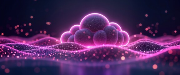 Futuristic vibrant purple cloud network glows over digital waves. Modern tech, data exchange visualized. Dynamic illustration of glowing cloud network above data wave pattern. Abstract representation