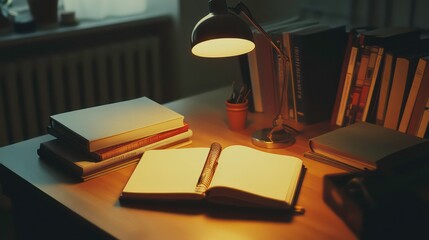 Aufkleber - Cozy home office desk with open book, lamp, and stacked books.