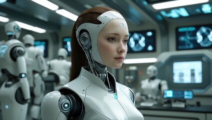 Humanoid female robot stands in a futuristic laboratory surrounded by other robots and advanced technology