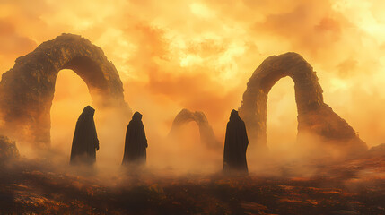 Wall Mural - Three figures in hooded cloaks stand in a mystical, fog-filled landscape with stone arches in the background. Mystic Arch. Illustration