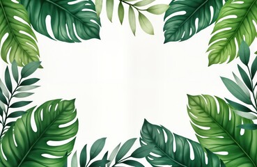 Poster - Tropical leaves create frame around blank center. Rich green foliage with various leaf shapes, sizes forms artistic botanical border. Serene watercolor effect adds peaceful, natural aesthetic. Ideal
