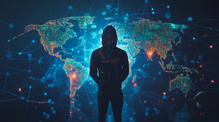Hacker are planning to hack and attack networks and cyber security systems.team people innovation connection of line from nail node to node on map background , networking concept