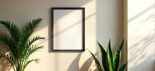 Poster - Empty square frame on beige wall with green plants. Sunlight casts shadows on the wall and plants. Mockup poster design template. Interior design concept. Minimalist art display. Modern home decor.