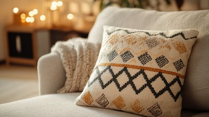Poster - Cozy living room with patterned throw pillow and blanket on sofa.