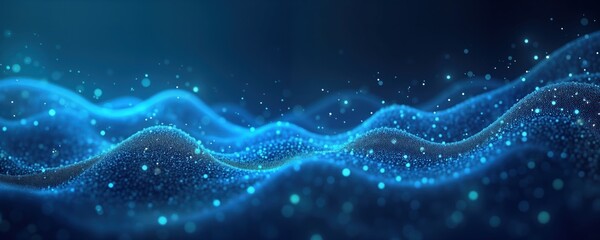 Poster - Abstract blue digital landscape with glowing particles. Dynamic tech illustration conveys data flow AI concept. Light, energy streams through textured surface. Evokes futuristic tech, innovation in