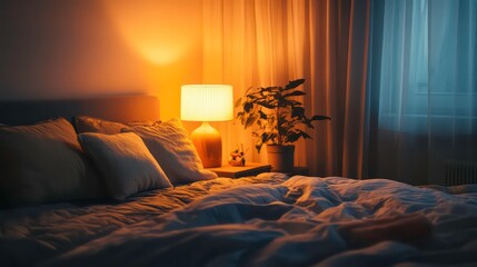 Poster - Cozy bedroom at night with lamp, plant, and unmade bed.