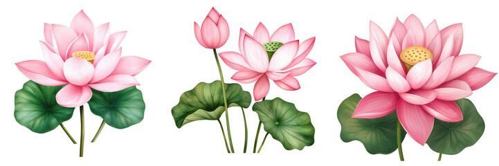 Poster - A trio of vibrant pink lotus flowers, showcasing various stages of bloom alongside green leaves.