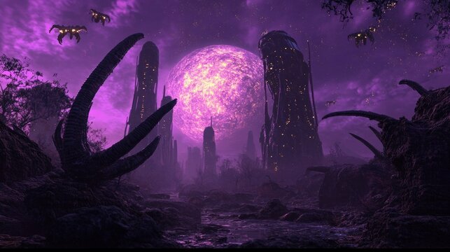 Dramatic alien futuristic landscape with glowing towers organic structures and vibrant ethereal atmosphere  Surreal fantastical and conceptual digital art or backdrop