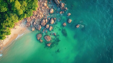 Wall Mural - aerial view of tranquil beach, turquoise water surrounding rocky formations, perfect for vacation an