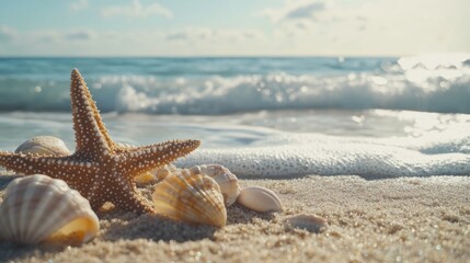 Wall Mural - colorful seashells and starfish on sandy beach, tranquil ocean waves in background, perfect for summ