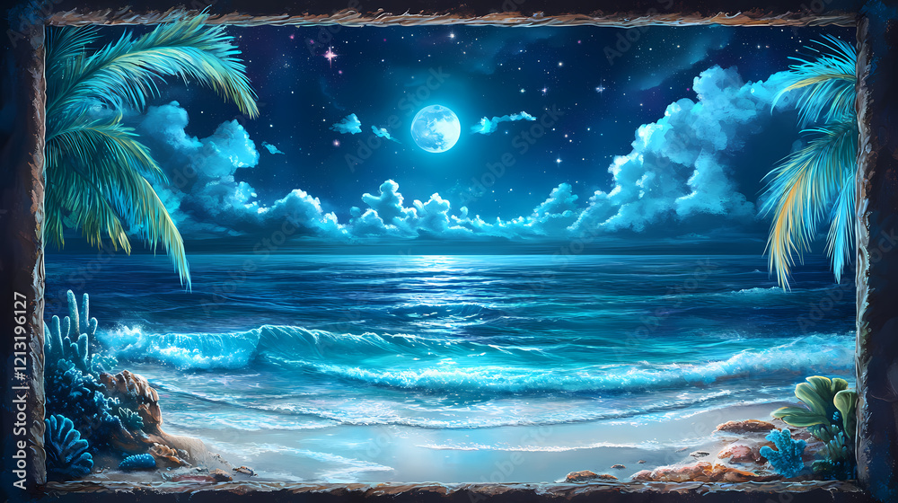 Stunning night ocean view framed by coral reefs under a starry sky with ...