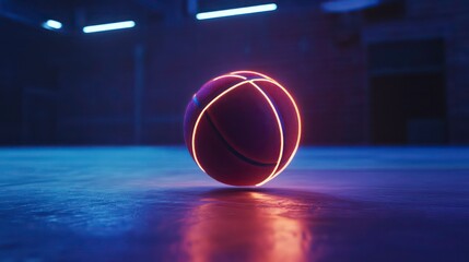Poster - Glowing neon basketball on dark floor.