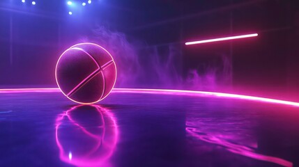 Poster - Glowing basketball on reflective surface with neon lights and smoke.