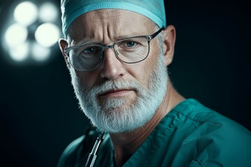 Canvas Print - Mature caucasian male surgeon in green scrubs with stethoscope and glasses in operating room