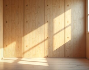 Poster - Empty room with light beige plywood walls, floor. Sunlight casts shadows on surface. Natural light streams in from window. Simple, minimalist interior. Modern design. Minimalist architecture. Simple