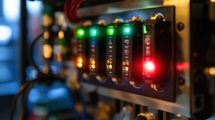 Poster - Close up of an electrical control panel with illuminated lights and switches, actively managing operations in a server room for optimal performance and functionality