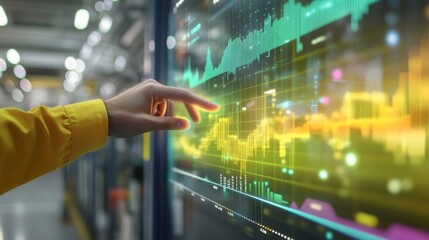 Poster - Engineer in a yellow jacket interacting with a touchscreen to analyze colorful charts and graphs, optimizing production processes in a modern factory environment