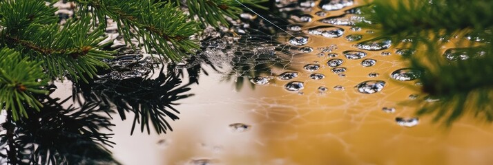 Close-up of dewy pine needles and intricate spider web after rainfall