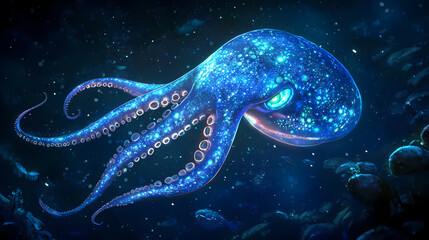 Wall Mural - A squid with glowing celestial patterns in blue and silver, drifting through dark ocean depths, its glow casting soft light on the surrounding marine life. Celestial Reef. Illustration