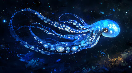 Wall Mural - A squid with glowing celestial patterns in blue and silver, drifting through dark ocean depths, its glow casting soft light on the surrounding marine life. Celestial Reef. Illustration