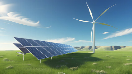 Wall Mural - Remote renewable energy setup with solar panels and wind turbine . 