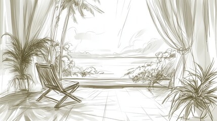 Poster - A sketch depicting a balcony with a tropical view and a lounge chair