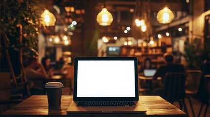 Poster - Soft lighting fills the cozy atmosphere of a cafe where a laptop sits on a wooden table beside a coffee cup. Diners engage in conversations and work, creating a warm and inviting environment.