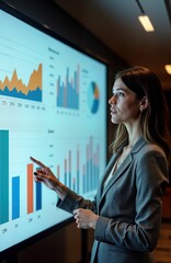 Poster - Businesswoman presents financial data on large screen in modern conference room. Points at charts during presentation. Pro meeting likely in corporate setting. Audience attentive. Focus on growth,