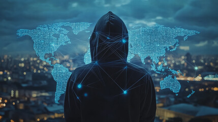 Hacker are planning to hack and attack networks and cyber security systems.team people innovation connection of line from nail node to node on map background , networking concept