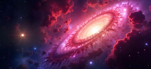 Aufkleber - Colorful deep space nebula with glowing spiral galaxy. Vivid pink and purple cosmic clouds surround central bright galaxy. Stars scattered across dark sky. Dramatic celestial landscape.