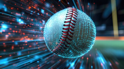 Poster - Digital rendering of a baseball with glowing particle effects and abstract motion blur