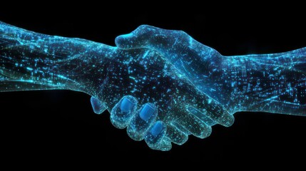 Poster - Two glowing hands in a handshake, representing digital partnership or collaboration.