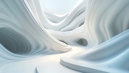 Poster - Abstract 3D scene shows smooth flowing curves. White wave shapes create futuristic environment. Ambient light enhances elegant design. Minimalist style evokes beauty of smooth shapes, curves. Art
