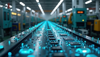 Leinwandbilder - Modern tech factory workshop shows automated assembly line. Many electronic components, microchips on conveyor belt. Machines, equipment in background. Industrial setting for high-tech manufacturing.