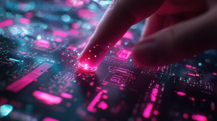 Poster - fingers activating a glowing, futuristic digital user interface filled with data and information, em