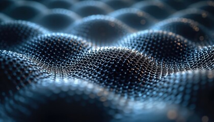 Poster - Abstract metallic mesh forming wave patterns. 3D metal hexagonal structure looks like graphene neural network. Modern graphic design with futuristic tech, scientific concepts. Pattern evokes ideas of