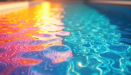 Aufkleber - Vibrant swimming pool water surface displays spectrum of rainbow colors. Ripples, reflections create airy atmosphere. Sunbeams shine through water creating bright summer scene. Relaxing aquatic scene
