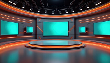 Poster - Modern virtual studio background. Empty tv news studio with bright screens. Circular stage with orange neon lighting. Suitable for online shows live events. Ideal backdrop for VR tracking system