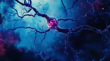 Aufkleber - Microscopic view of a neuron with glowing soma and branching dendrites in a dark, vibrant background.