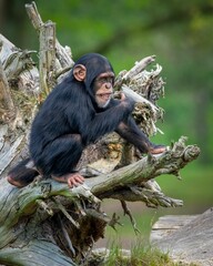 Wall Mural - A young chimpanzee sitting on a tree branch in a natural habitat.