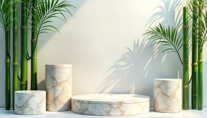 Poster - Empty display platform with marble podiums. Green bamboo, palm tree leaves cast shadows on white background. Natural product presentation for cosmetics plants. Modern, natural aesthetic. Ideal for