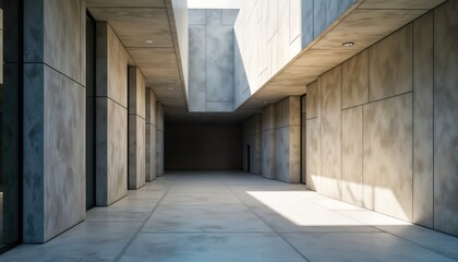 Poster - Modern building facade with concrete textures. Architectural details, lines create visually appealing space. Minimalist design with large windows, balanced aesthetic. Sunlight casts shadows on floor,