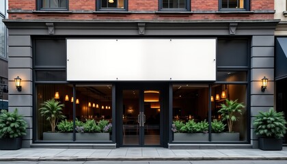Aufkleber - Blank white sign mockup on modern storefront of restaurant shop. Empty space for company logo message. Stylish design with plants, warm interior lighting visible through glass. Urban setting.